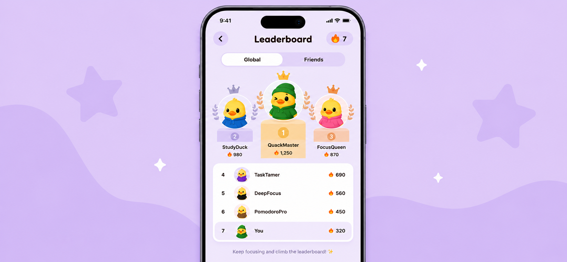 Quackly app global and friends leaderboard